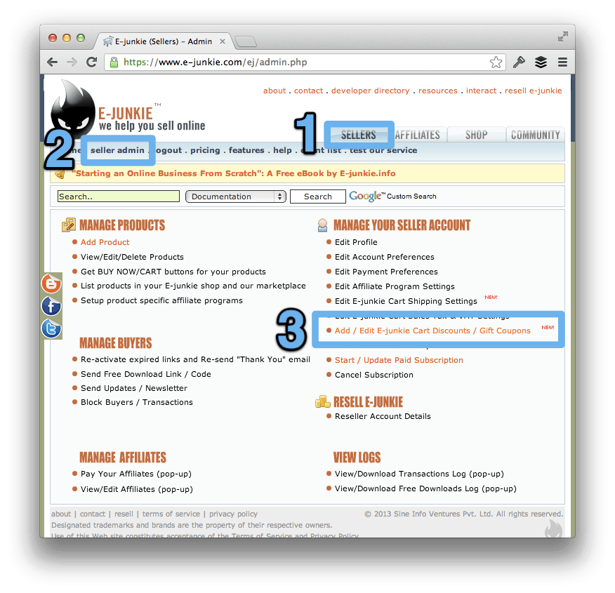 Add or Edit E-Junkie Cart Discounts.