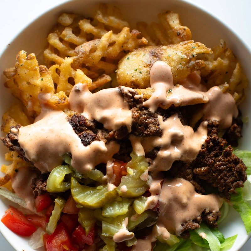 Burger bowls with house sauce.