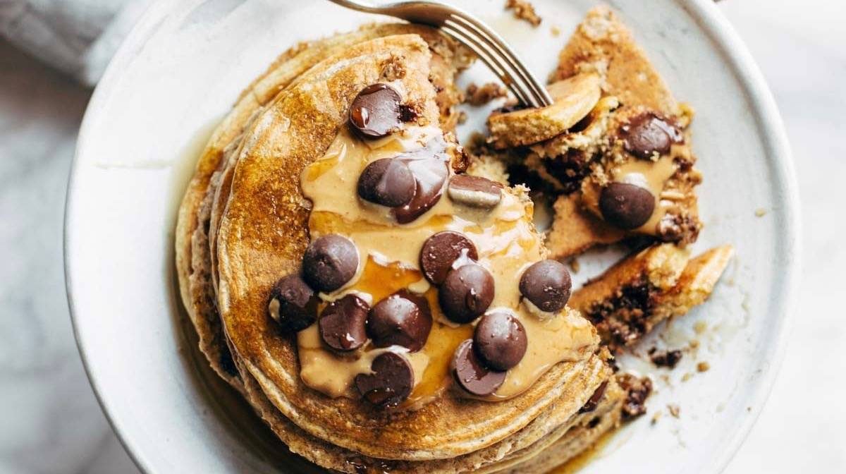 Protein Pancaked on a plate with a bite taken out.