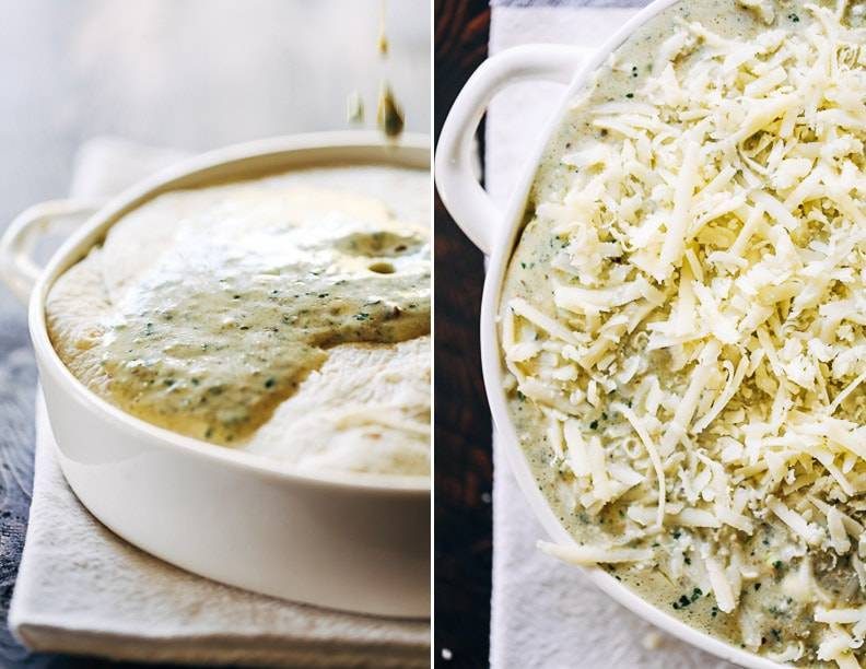 Chicken Enchilada Casserole in a dish and topped with cheese.