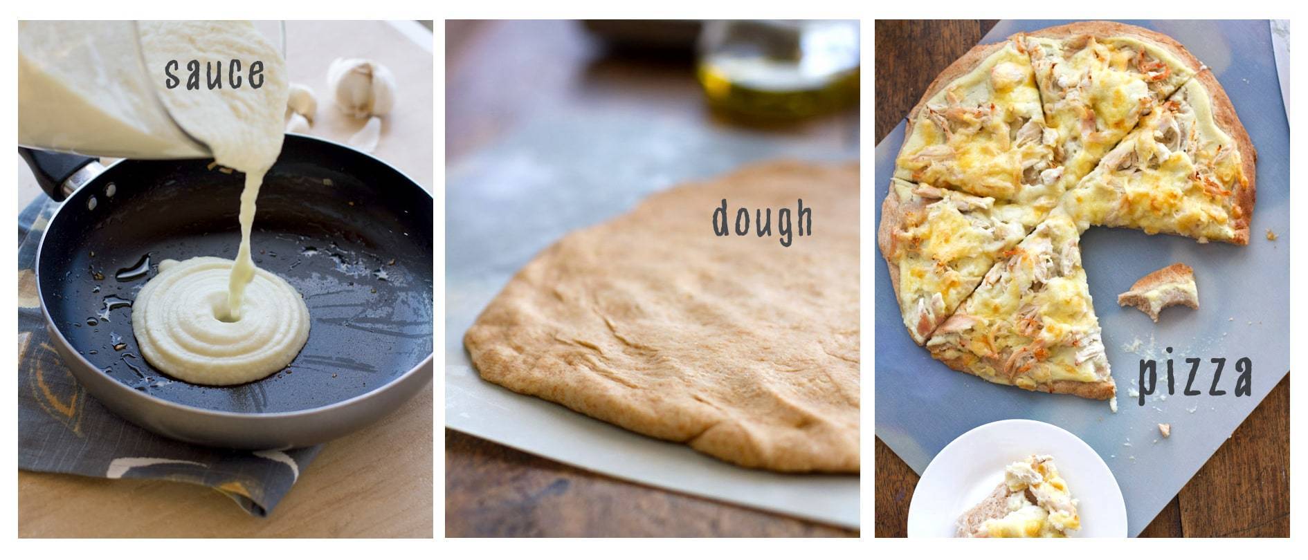 Three steps to making chicken alfredo pizza.