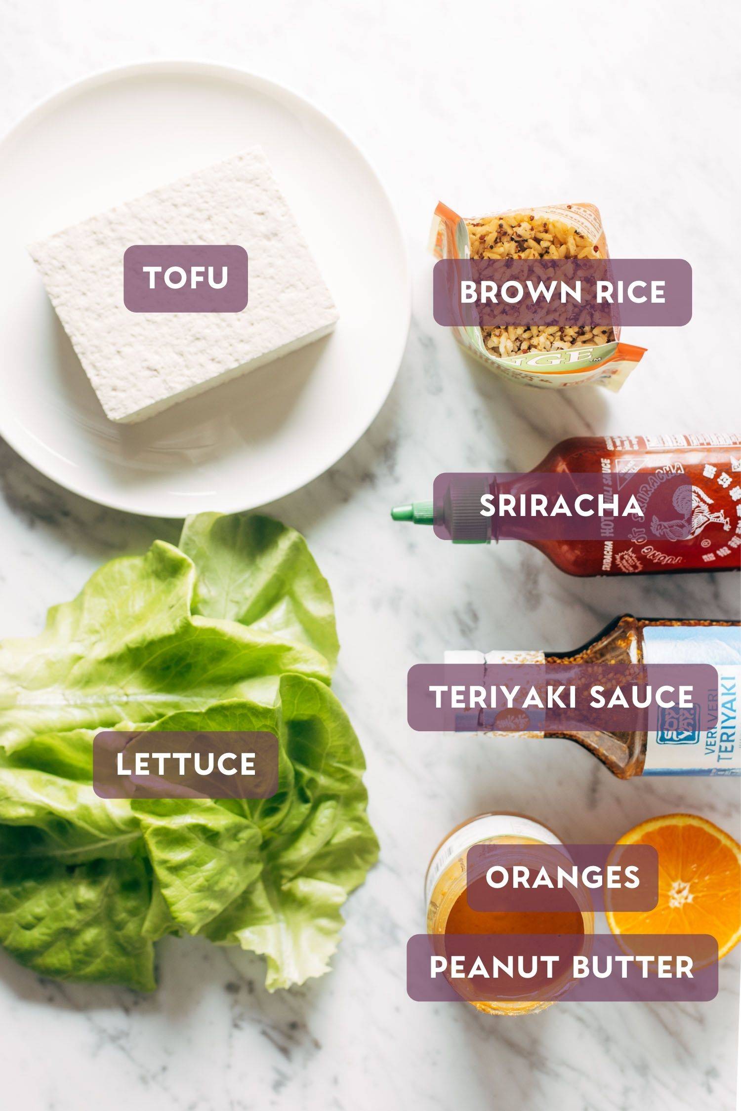 Ingredients for tofu and brown rice lettuce wraps with text over each that says the name of each ingredient.
